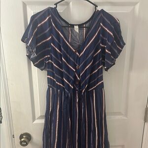 Flamingo Urban Blue and White V-Neck Flutter Sleeve Midi Dress